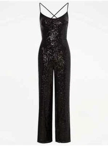 Black Strappy Sequin Jumpsuit - Size 10 - Picture 1 of 1