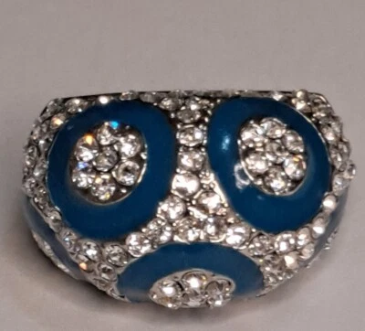 Anillo de cóctel de disfraz grueso circular cerámica azul tachonado estrás cristal S:7 Foto 1 de 4