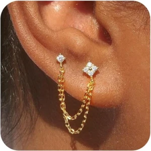 14K Gold Plated Dangle Chain Earrings Hypoallergenic Fashion Jewelry for Women - Picture 1 of 12