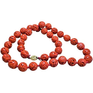 Vintage Chinese Export 1970's Red Cinnabar Necklace Gilt Filigree Clasp - Picture 1 of 14