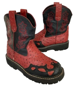 Roper Women's Red/Black Leather Ostrich Print Floral Pattern Boots (Size 5.5) - Picture 1 of 14