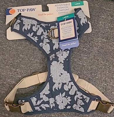 GRANDE Top Paw Ajustável Conforto Moda Cachorro Arnês Denim Azul Floral Caridade - Imagem 1 de 4