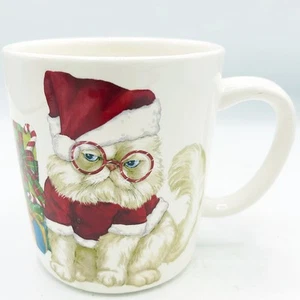 Taza Pier 1 Gato Esponjoso Blanco con Sombrero de Papá Noel y Gafas - Imagen 1 de 9