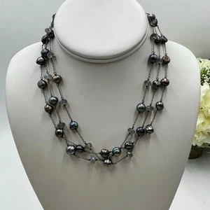 Sterling Silver Triple StrandGray Baroque Pearl and LabradoriteNecklace 16” - Picture 1 of 16