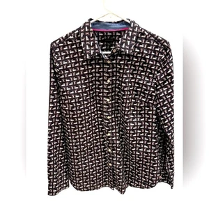 Talbots Button Up Shirt Blue Swan Print Office Casual Women’s Size 12 - Picture 1 of 4
