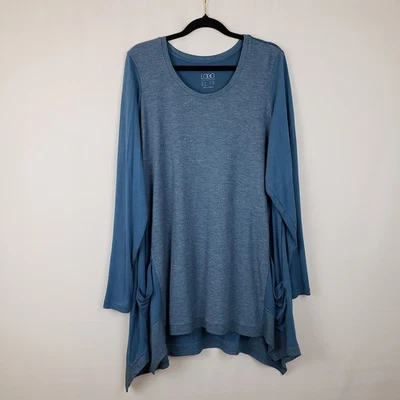 Logo Lori Goldstein Top 1X Túnica Manga Larga Mezcla Tejido Bolsillos Dobladillo Mordedura de Tiburón  Foto 1 de 4