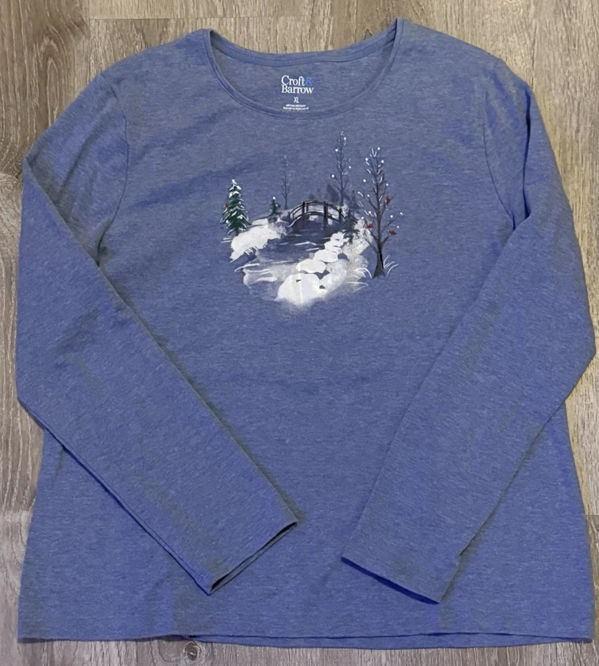 Croft & Barrow Mujer Talla XL Azul Manga Larga Árbol de Navidad Camiseta Vacaciones Foto 1 de 4