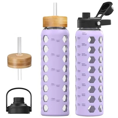  Glass Water Bottles, 32oz Glass Tumbler with Straw, Drinking 32 Ounces Purple - Image 1 of 4
