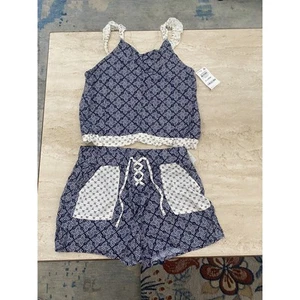 Epic Threads Crop Top Shorts Girls White 2 Piece Outfit NEW XL Geometric Blue - Picture 1 of 5