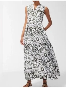 Chico's Pima Cotton Tiered Green IKat Print Sleeveless MIDI Dress. Sz 6 NWOT - Picture 1 of 6