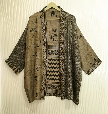 Jaqueta cardigã curta de seda pura quimono espanador capa roupão solto marrom KMS3749 - Imagem 1 de 4