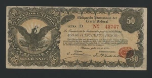 MEXICO 50 PESOS 1914 OBLIGACION PROVISIONAL DEL ERARIO FEDERAL PICK # S716 VF. - Picture 1 of 2