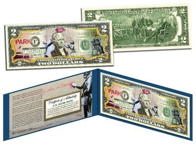BANKSY * POSTING SIGNS * $2 Bill U.S. Legal Banknote Tender Street Art Graffiti - Image 1 of 2