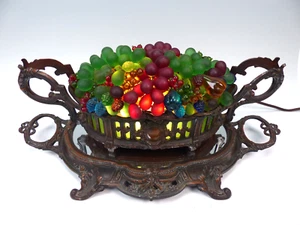 Antique 1920's or 30's Ornate Czech Bohemian Glass Fruit Lamp on Mirror Tray - Picture 1 of 14