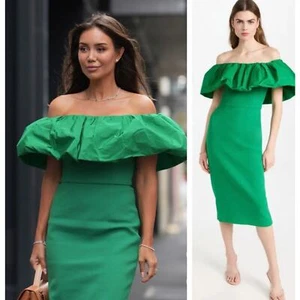 NWT REBECCA VALLANCE Green Virgil Midi Dress Off Shoulder Taffeta Ruffle US 2 - Picture 1 of 6