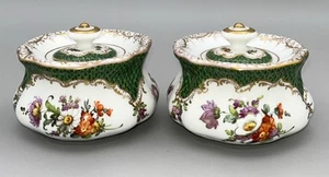 Antique Dresden Porcelain Lidded Pot Pair Floral Green Fish Scale Gilt 9cm wide - Picture 1 of 16