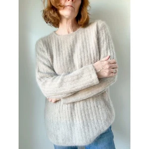 Vintage Damen Pullover Größe L Neutral Angora Lammwolle Flauschig Kuschelig Taupe - Bild 1 von 7