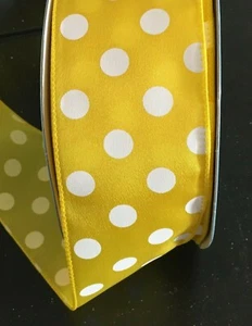 5 Yds. YELLOW with WHITE DOTS WIRE EDGE RIBBON  2 1/2" Wide - Picture 1 of 1