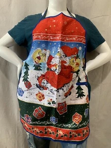 Christmas Holiday Bib Apron Santa And Presents Gold Star Plastic Back Handmade - Picture 1 of 7