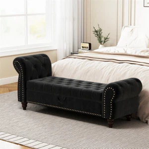 Modern Velvet Upholstered End of Bed Bench Storage Ottoman Seat with Rolled Arms - Picture 1 of 11