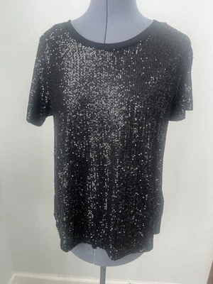 Blusa de festa KORI America preta lantejoulas manga curta tamanho M nova com etiquetas feriado. Novo com etiquetas - Imagem 1 de 4