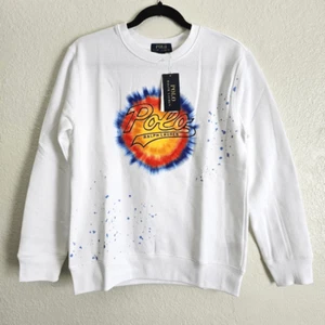 Polo Ralph Lauren Sweatshirt Paint Splat Logo Size L White Blue Cotton New 80s - Picture 1 of 11
