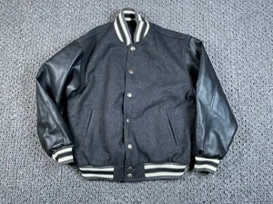 Reversible Wool Varsity Bomber Jacket Youth Large Black Gray Faux Leather - Picture 1 of 14