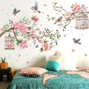 GROßE Wandbild Blumen & Vögel Wandtattoo Wandaufkleber Wanddeko Kunst Wohnzimmer - Bild 1 von 7