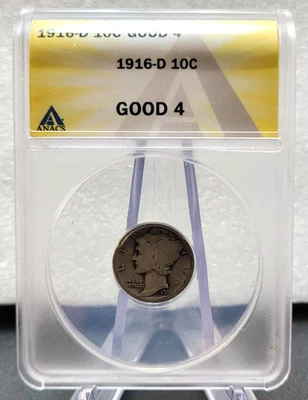 1916-D Mercury Silver Dime  ANACS G4 details **Key Date** - Image 1 of 2