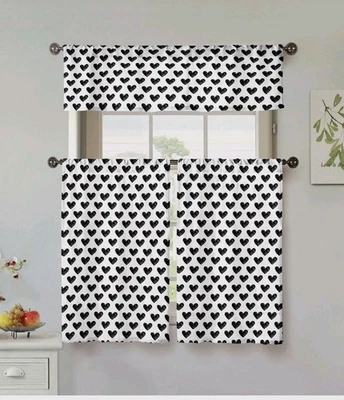 Juego de cortinas de cocina y 3 piezas - 1 cenefa/2 niveles. Estilo ROZA corazón negro🖤🖤 Foto 1 de 4