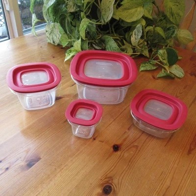 Lote de 4 contenedores cuadrados de almacenamiento Rubbermaid Premier 6 C 2 C tapa roja FG7H77 transparente Foto 1 de 4