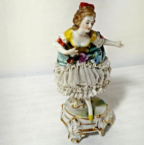 Dresden style lace porcelain antique 5" lady figurine German rococo crown L mark - Picture 1 of 12