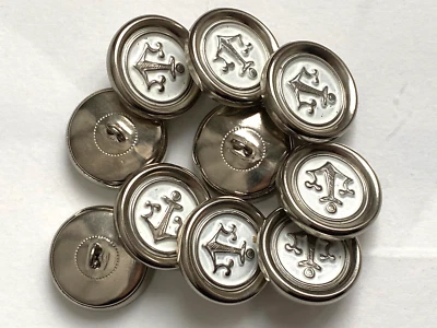 Lot de 10 boutons vintage 23 mm - Métal argenté décor blanc et ancre en relief - Photo 1/4