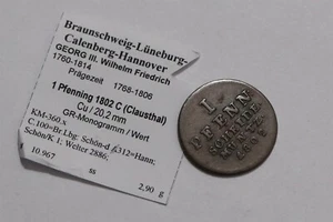 🧠🇩🇪 GERMANY BRAUNSCHWEIG HANNOVER 1 PFENNIG 1802 C CLAUSTHAL B79 #W610 - Picture 1 of 2