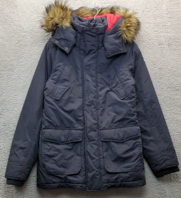 Chaqueta Parka Hollister De Colección Mujer Pequeña Azul Marino Forrada Con Capucha Frente a Presión Cremallera Completa Foto 1 de 4