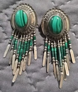 STC Sterling Malachite South Western Navajo Earrings 2" Stunning Vintage  - Picture 1 of 6