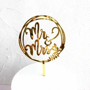 Wedding Bride Groom Acrylic Mr Mrs Cake Topper Gold Round - Picture 1 of 1