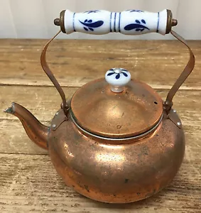 Kupfer Tee Wasserkocher Kanne blau weiß Porzellan Griff Loch Knöpfe Kaffee - Bild 1 von 5