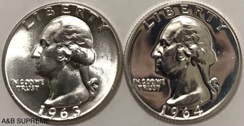 (2) 1932-1964 Washington Quarter Gem Cameo Proof & Bu Uncirculated 90% Silver Cover