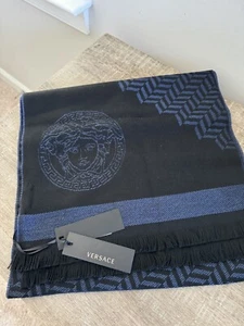 NWT Versace Medusa Reversible Wool Black Blue 100% Wool Scarf Shawl - Picture 1 of 7