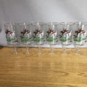 6 - 1970s Neiman Marcus Stemmed Drinking Glasses Fox Hunting Horse Dogs Gold Rim - Picture 1 of 12