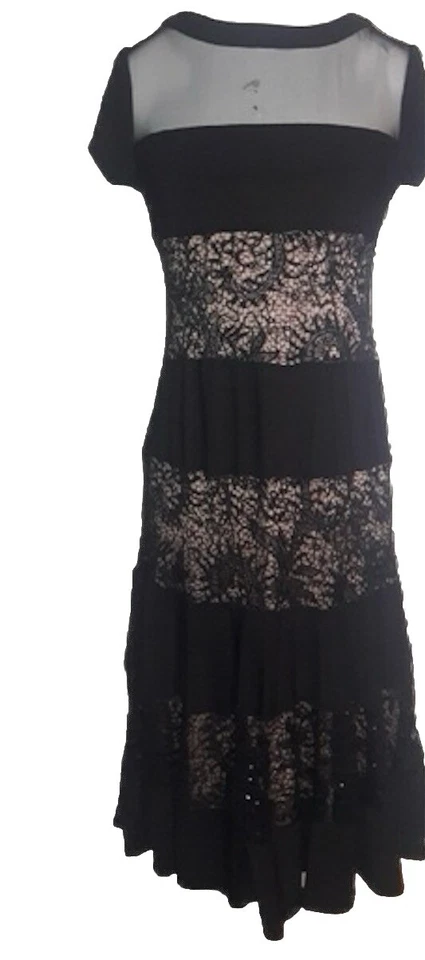 "Vestido de malla azul R&M Richards encaje en capas, lentejuelas forrado a rayas talla 14 busto 42""" Foto 1 de 4