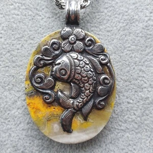 925 Silver Sterling Fish Design Silver BumbleBee Jasper Pendant Stainless Steel - Picture 1 of 16