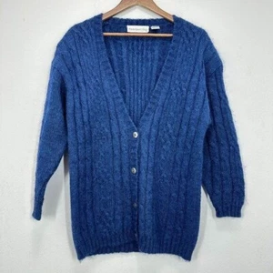 Paris Sport Club Royalblau Zopfmuster Longline Opa Strickjacke Mohair Mischung M - Bild 1 von 6