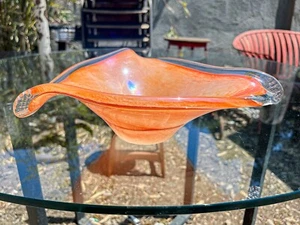 Italian Mid-Century Murano Large Freeform Triangle Glass Bowl Orange White - Picture 1 of 24