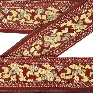 Sanskriti Vintage Border Antique Hand Beaded 1Yd Indian Trim Sewing Maroon Lace - Picture 1 of 8