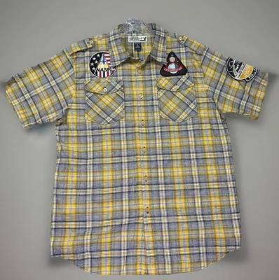 Swagnificent Raw Blue Short Sleeve Button Shirt Yellow Black Plaid Men’s Size XL - Image 1 of 4
