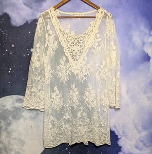 Vintage Elfenbein Transparent Bestickt Spitze Tunika Top Festival Boho Witchy Whimsigoth - Bild 1 von 7