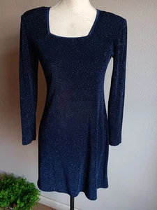 Vintage90s Rabbit Designs Navy BlueLong Sleeve Sparkly Shift Dress Size 4 Petite - Picture 1 of 9
