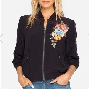 Damen Seide Johnny Was schwarz bestickt Militär Bomberjacke Small S - Bild 1 von 9